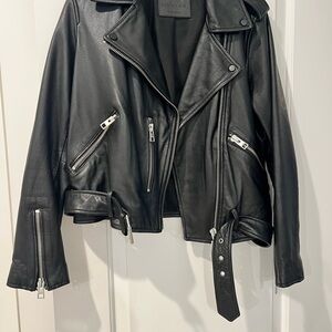 Black Leather Motorcycle Jacket with Asymmetrical Design and Belt